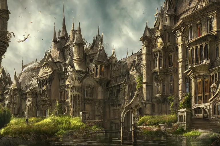 Image similar to A magical college viewed from the outide, texture, intricate, details, highly detailed, masterpiece, architecture, building, trending on artstation, focus, sharp focus, concept art, digital painting, fantasy, sunny, day, midday, in the style of Wizards of the Coast