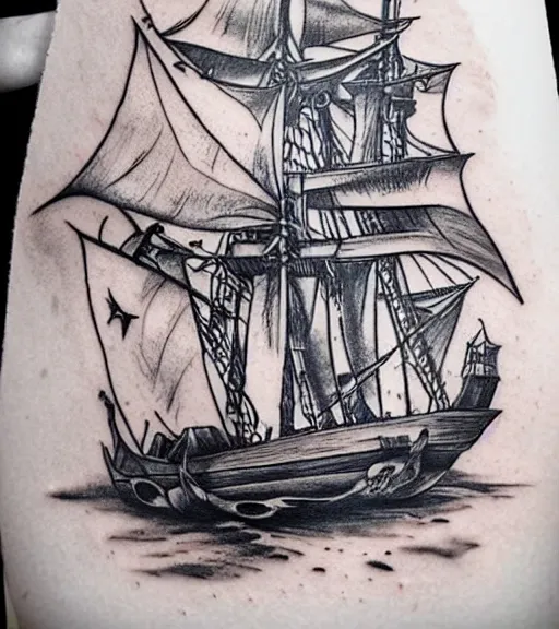 Image similar to A realistic tattoo design of a magical pirate ship on white paper, realism tattoo design, highly detailed tattoo, shaded tattoo, hyper realistic tattoo