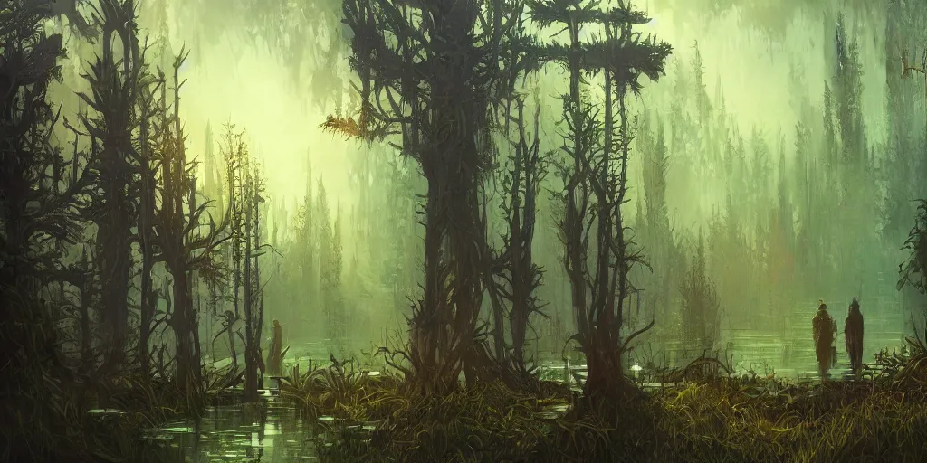 Image similar to reed - people in futuristic spiritual mystical post apocalyptic swampy forest in dagestan drawn by ron gilbert, dim painterly volumetric aquatic lighting, scenic, beautiful, crisp, artstation, highly detailed