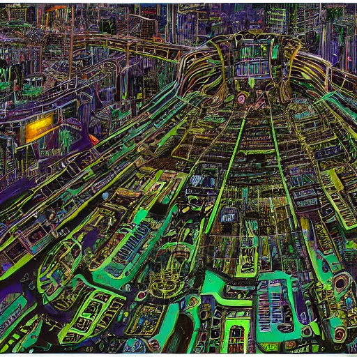 Prompt: hyper detailed aerial top down comic illustration of a man eaten by a machine in the centre of the composition, encircled by cybernetic gateways, by peter doig, very detailed, 4k, highly detailed, 8k wallpaper