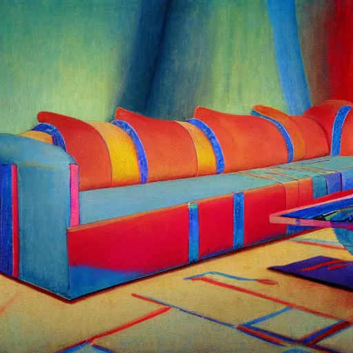 Image similar to psychedelic couch sofa costa blanca, designed by arnold bocklin, jules bastien - lepage, tarsila do amaral, wayne barlowe and gustave baumann, cheval michael, trending on artstation, mediterranean, star, sharp focus, colorful refracted sparkles and lines, soft light, 8 k 4 k