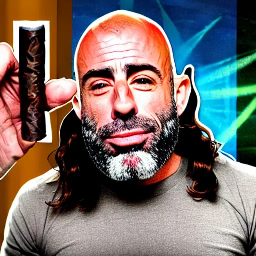 Image similar to the episode of joe rogan interviewing jesus christ while smoking a weed blunt. a cigarette with weed smoked by joe rogan. joe rogan experience.