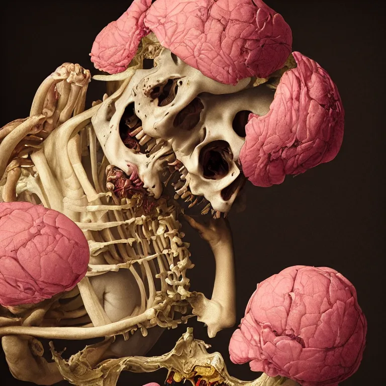 Image similar to still life of rotten flesh, beautiful pastel flowers, human spine, colorful mold, baroque painting, beautiful detailed intricate insanely detailed octane render, 8K artistic photography, photorealistic, chiaroscuro, Raphael, Caravaggio