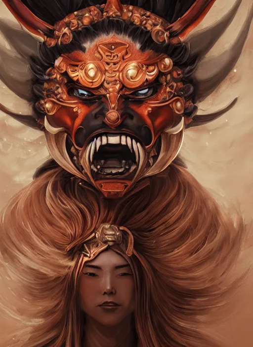 Image similar to a beautiful detailed oil on copper art illustration of a japanese oni kitsune samurai mask devil woman, the mask is broken, centered, by charlie bowater, zeng fanzh, trending on artstation, dim dusk lighting, cinematic lighting, detailed lighting, volumetric lighting, realistic, f 8, 4 k hd wallpaper