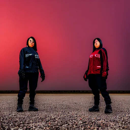 Prompt: photographic portrait of 2 techwear women in front of a brutalist metal building, on a desolate plain, red sky, sigma 8 5 mm f / 1. 4, 4 k, depth of field, high resolution, 4 k, 8 k, hd, full color