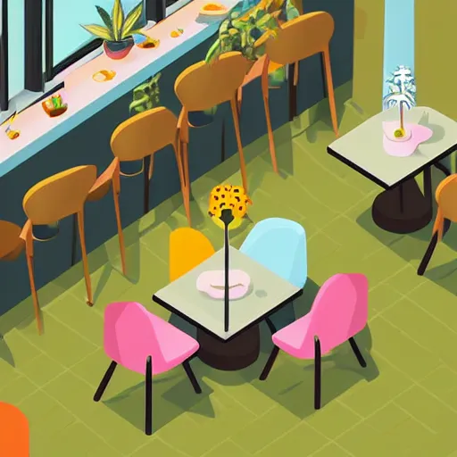 Image similar to isometric cute cartoon illustration style cafe australian, decorated with only cute detailed cannabis leaves in two ceramic pots, tables, utopian simple frontage, 2 cute characters, cute poster, beautiful composition pastel palette by will barnet, digital art, hyperrealistic soft, inked digital, render fun cartoon