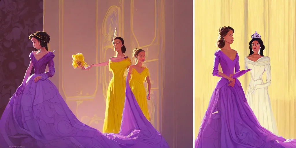 Prompt: portrait of princess sophia is dressed in purple, and the other girl is dressed in yellow. they are all beautiful, elegant and detailed. there are beautiful vases beside them, by greg rutkowski, by greg tocchini, by james gilleard, by joe gb fenton, by in kaethe butche