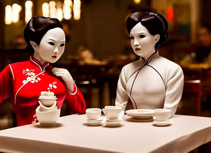 Image similar to movie still of a beautiful woman made out of porcelain sitting at a table in a cafe, wearing a red cheongsam, smooth white skin, creepy, directed by Guillermo Del Toro