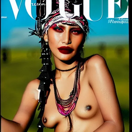 Image similar to a beautiful professional photograph by hamir sardar, herb ritts and ellen von unwerh for the cover of vogue magazine of a beautiful and unusually attractive native yanomami female fashion model with a face tattoo looking at the camera in a flirtatious way, leica 5 0 mm f 1. 8 lens