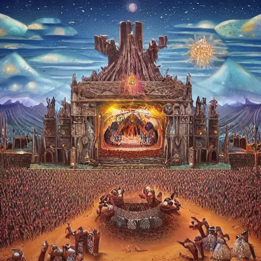 Image similar to desert festival called the sacrifice that occurs every ten years, during this event all members of society must make sacrifices on a large altar, fantasy art illustration, highly detailed and intricate