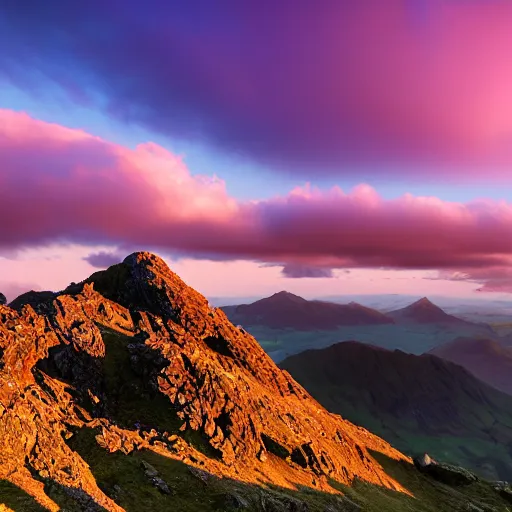 Image similar to Crib Goch!!!!!!!!!!! ridge, rays, epic, cinematic, photograph, atmospheric, dawn, golden hour, sunrise, purple blue sky clouds