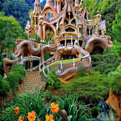 Prompt: valley village, waterfalls, flowers and intricate detailed visionary architecture and gardens by antoni gaudi, john stephens, alex gray