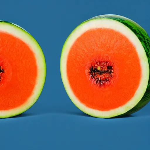 Image similar to A hybrid of an orange and a watermelon, cut in half, 35mm photography, 8k photorealism, photorealistic imagery