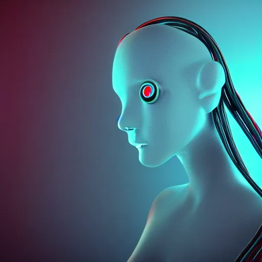 Prompt: stylised 3d render specular hazy wet steam silicone robot girl cables flowing out of head dark grey blue misty haze red neon 4k