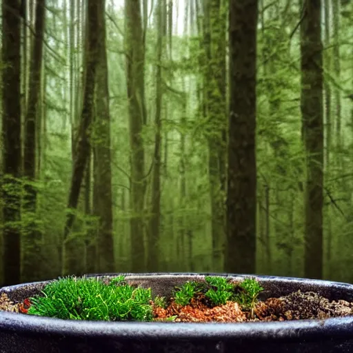 Prompt: a realistic dense forest on a pot, photography, focus