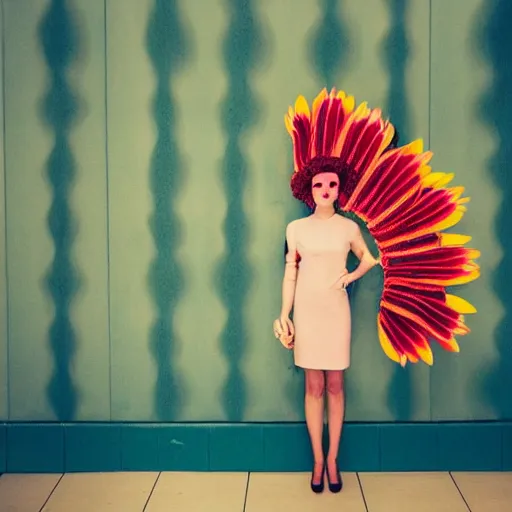 Prompt: giant flower head, frontal, girl standing in mid century hotel, surreal, symmetry, bright colors, cinematic, wes anderson! dream giant flower head, frontal, girl standing in mid century hotel, surreal, symmetry, bright colors, cinematic, wes anderson