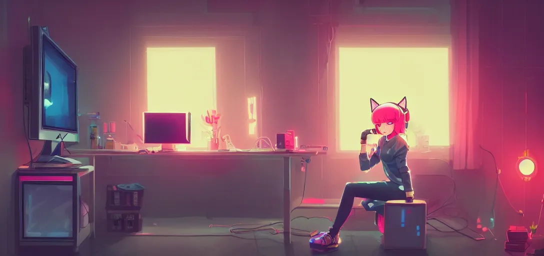 Image similar to a blond woman with cat ear headphones, sitting in front of computer, gamer, computer nerd, cute room, neon lights, gamer aesthetic, lofi vibes, strong crisp lineart and flat color, by ilya kuvshinov, krenz cushart, Greg Rutkowski, trending on artstation