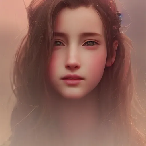 Image similar to beautiful aerith gainsborough, face centered portrait, confident, fog, rain, volumetric lighting, beautiful, golden hour, sharp focus, ultra detailed, cgsociety by leesha hannigan, ross tran, thierry doizon, kai carpenter, ignacio fernandez rios