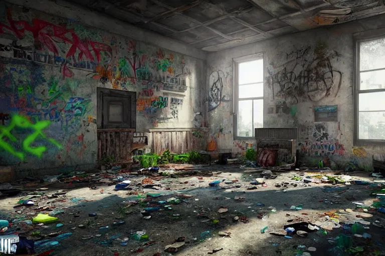 Image similar to perspective shot of a grungy derelict georgian manor interior with colourful graffiti on the walls and garbage scattered on the floor, reclaimed by nature in the style of last of us, trending on cgsociety, high detail, cinematic lighting, 8k, rendered in unreal engine