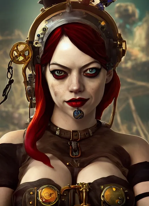 Prompt: underwater steampunk pirate portrait of emma stone as harley quinn, pretty face, hyper detailed, digital art, cinematic lighting, studio quality, smooth render, unreal engine 5, octane rendered, art style by klimt and nixeu and ian sprigger and krenz cushart.