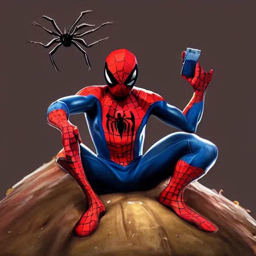 Image similar to spider - man sit on big raccoon, eating donuts, action scene, concept art, trending on artstation, highly detailed, intricate, sharp focus, digital art, 8 k