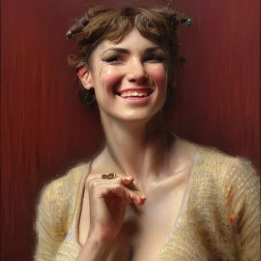 Image similar to a portrait of an anthromorphic pitbull female wearing a sweater and smiling at the viewer. highly detailed painting by gaston bussiere, craig mullins, j. c. leyendecker 8 k