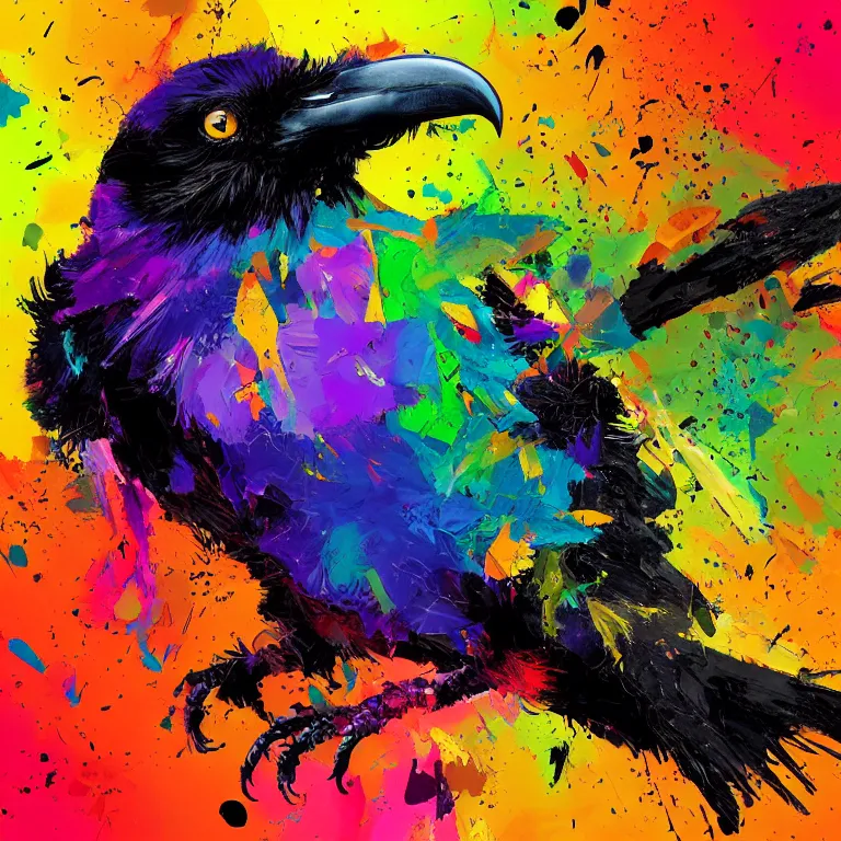 Image similar to colorful illustration of black raven bird, colorful splatters, by andy wrahol and zac retz and kezie demessance