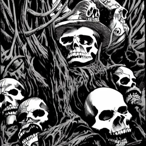 Image similar to Skulls lying under a dead tree. Close Up Shot, Dark Fantasy, Film Noir, Black and White. High Contrast, Mike Mignola, D&D, OSR