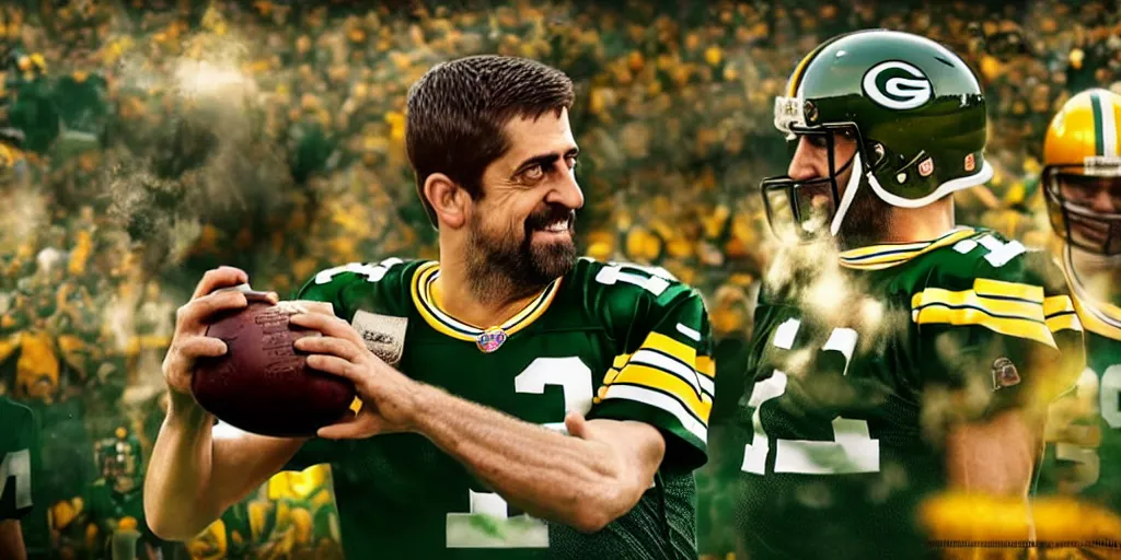 Image similar to Aaron Rodgers drinking ayahuasca on the sidelines of Lambeau Field, cgsociety, artstation, cinematic