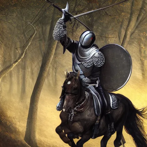 Image similar to aleksandar vucic wearing shining plate armor and riding a horse on a path through a dark forest, highly detailed, digital painting, sharp focus