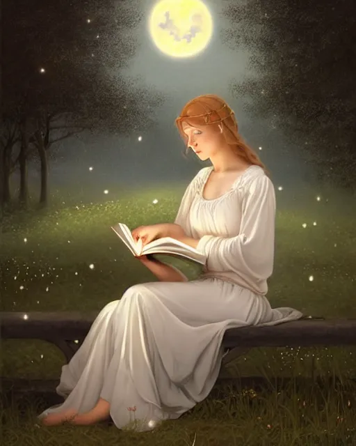 Prompt: girl in white nightgown reading a book by the river, a full moon on the horizon, dark starry sky, dreamy fantasy ambience with golden orbs and fireflies, detailed gothic illustration bright moon light, by edmund blair leighton, brom, charlie bowater, trending on artstation, faces by tom bagshaw, otto schmidt