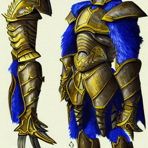 Prompt: three side view, front view, side view, back view, concept art, digital art, fantasy, warrior, blue and gold heavy armor, color