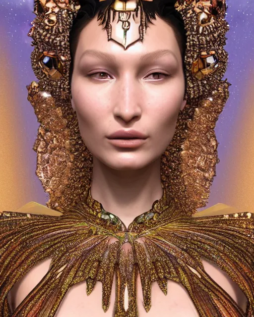 Prompt: a highly detailed metahuman 4 k close up render of an alien goddess bella hadid as goddess in iris van herpen dress schiaparelli in diamonds crystals swarovski and jewelry iridescent in style of alphonse mucha gustav klimt trending on artstation made in unreal engine 4