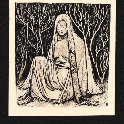 Image similar to A beautiful mixed mediart. Her cell is as bare as mine. She is sitting in the middle, hugging her knees, wrapped in a toga-like garment. scratch art by Shaun Tan, by Virginia Frances Sterrett, by Jean-Louis Forain elaborate