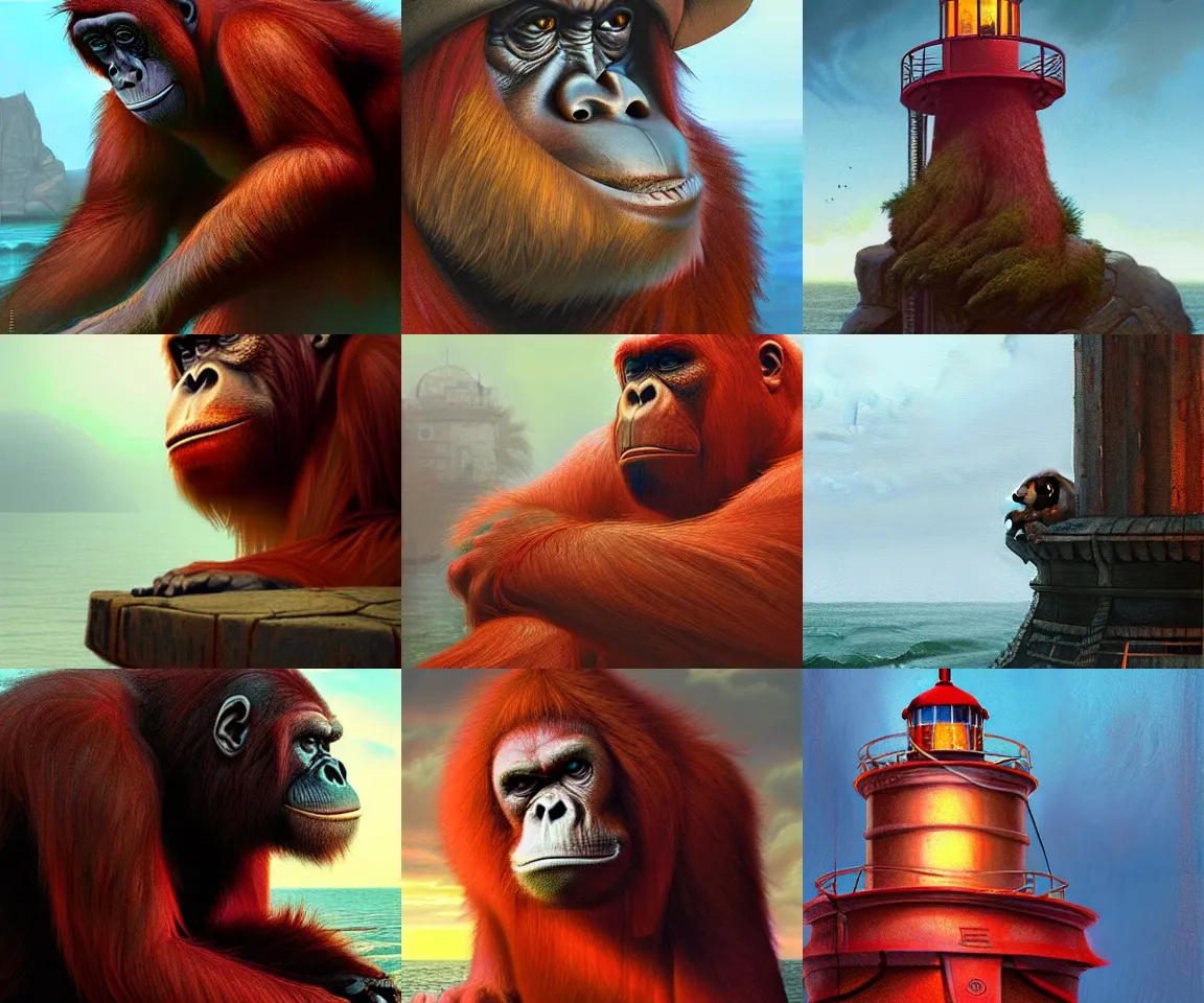 Prompt: red orangutan as kingkong climbing on the small lighthouse, realistic portrait, highly detailed, digital painting, artstation, concept art, smooth, sharp focus, illustration, cinematic lighting, art by artgerm and greg rutkowski and alphonse mucha
