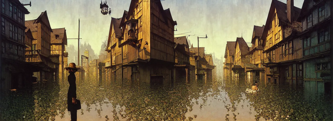 Prompt: flooded old wooden city street, very coherent and colorful high contrast masterpiece by norman rockwell rene magritte simon stalenhag carl spitzweg jim burns, full - length view, dark shadows, sunny day, hard lighting, reference sheet white background