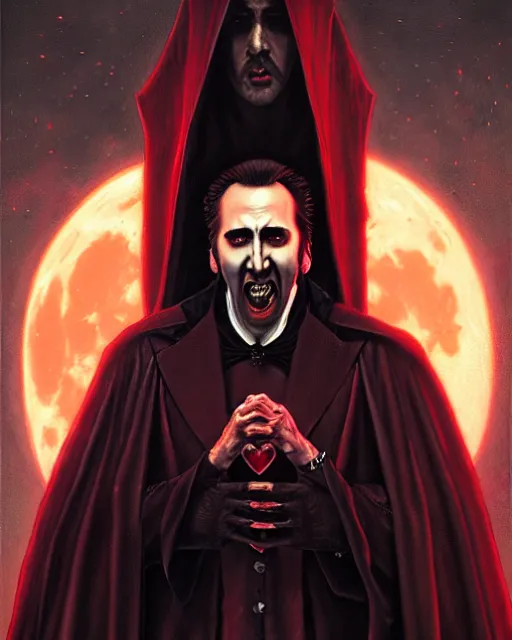 Image similar to nicolas cage as dracula, blood moon, highly detailed, centered, artstation, concept art, smooth, sharp focus, illustration, bokeh art by artgerm and donato giancola and joseph christian leyendecker