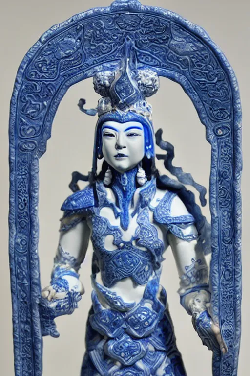 Prompt: an polished texturized sculpture of Kel'Thuzad in white and blue chinese porcelain by kris kuksi
