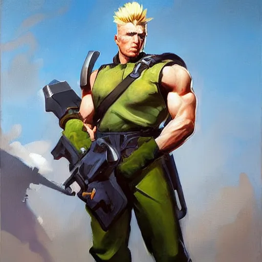 Image similar to greg manchess portrait painting of partially armored guile from street fighter as overwatch character, medium shot, asymmetrical, profile picture, organic painting, sunny day, matte painting, bold shapes, hard edges, street art, trending on artstation, by huang guangjian and gil elvgren and gerald brom