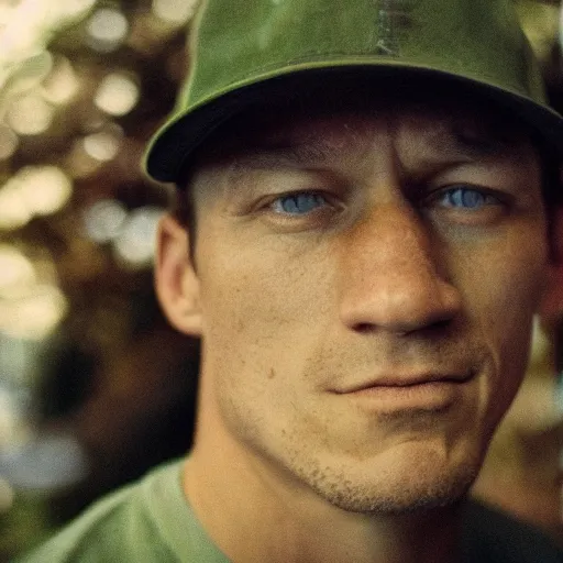 Image similar to A close-up of John face, captured in low light with a soft focus. There is a gentle green hue to the image, and the John cena’s features are lightly blurred. Cinestill 800t