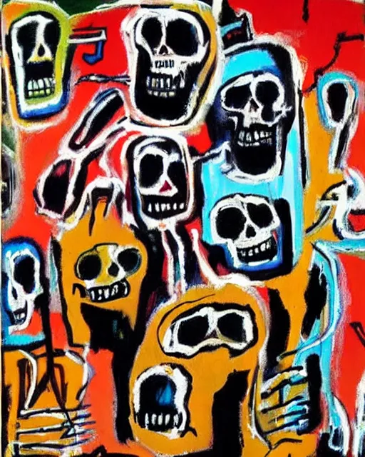 Prompt: oil neo expressionism painting of skull skeletons singing in the choir by basquiat