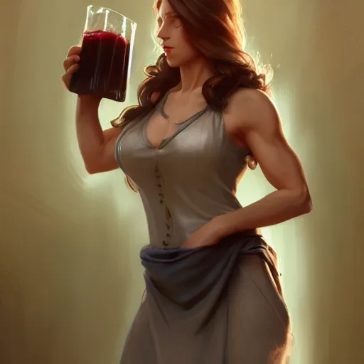 Image similar to Epic portrait, an muscular waitress serving a drink, Brown hair flow, pretty, glossy skin, digital painting, artstation, concept art, soft light, hdri, smooth, sharp focus, illustration, fantasy, intricate, elegant, highly detailed, D&D, matte painting, in the style of Greg Rutkowski and Alphonse Mucha and artemisia, 8k, highly detailed, jurgens, rutkowski, bouguereau, pastoral, rustic, georgic