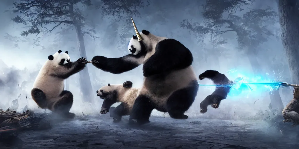 Prompt: giant pandas fighting vs magic unicorns, fantasy apocalypse, digital art, epic battle, unreal engine 5, 4 k,