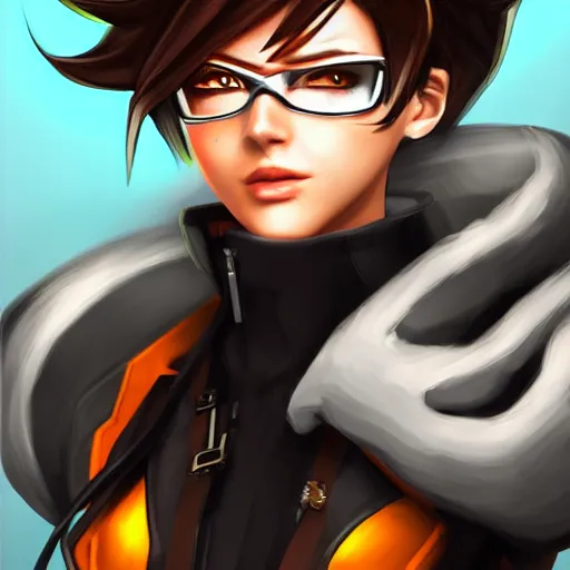 Prompt: digital portrait painting of tracer overwatch, full body, wearing spiked collar, black outfit, detailed face, detailed eyes,