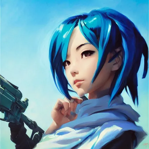 Prompt: greg manchess portrait painting of asada shino sinon as overwatch character, turquoise hair, medium shot, asymmetrical, profile picture, organic painting, sunny day, matte painting, bold shapes, hard edges, street art, trending on artstation, by huang guangjian and gil elvgren and sachin teng