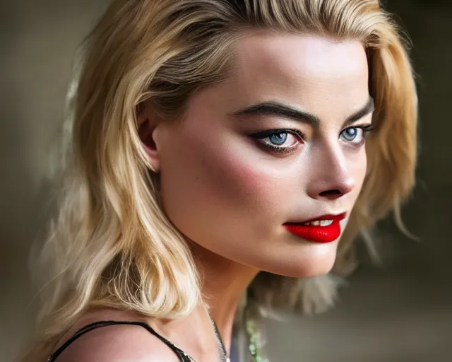 Image similar to a beautiful mix of margot robbie and amber heard, hyper realistic face, beautiful eyes, cinematic, long shot, hyper detailed, 8 5 mm photograph, 8 k resolution, film still, sharp lens, wide lens