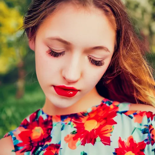 Prompt: cinematic image, medium close up, photorealistic, of a beautiful teen in a floral sundress, eyes closed, bright red lips, sinking as if drowing, motion blur