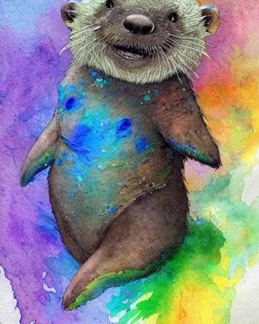 Prompt: detailed magical rainbow otter by jean - baptiste monge and frank frazetta, post processing, painterly, book illustration watercolor granular strong darksplatter dripping paper texture, ink outlines, painterly, trending on artstation, trending on pinterest childrens art