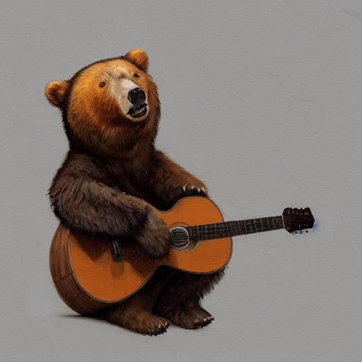 Image similar to realistic bear holding a triangular wooden triangle + guitar sound hole + guitar neck, highly detailed, digital painting, artstation, concept art, smooth, sharp focus, illustration, cinematic lighting, art by artgerm and greg rutkowski and alphonse mucha