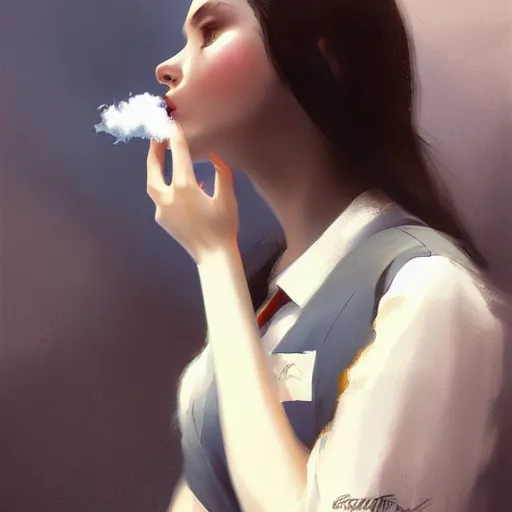 Prompt: a dark - haired girl smoking a cigarette in her plane seat - - highly detailed, digital painting, artstation, concept art, sharp focus, illustration, art by greg rutkowski